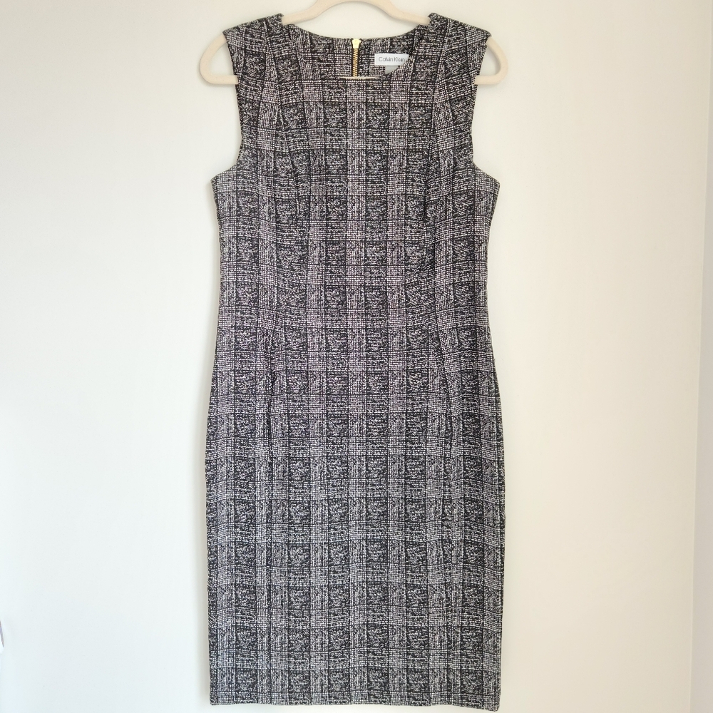 Calvin Klein Size 10 Black & White Plaid Sleeveless Sheath Dress Knee Length